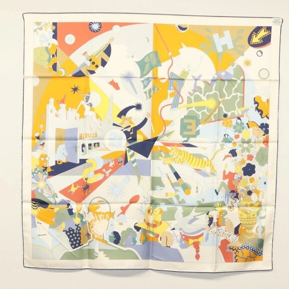 HERMES Carre 90 Scarf ""CA DECOIFFE!"" Silk Beige Auth 137450M - Picture 11 of 13